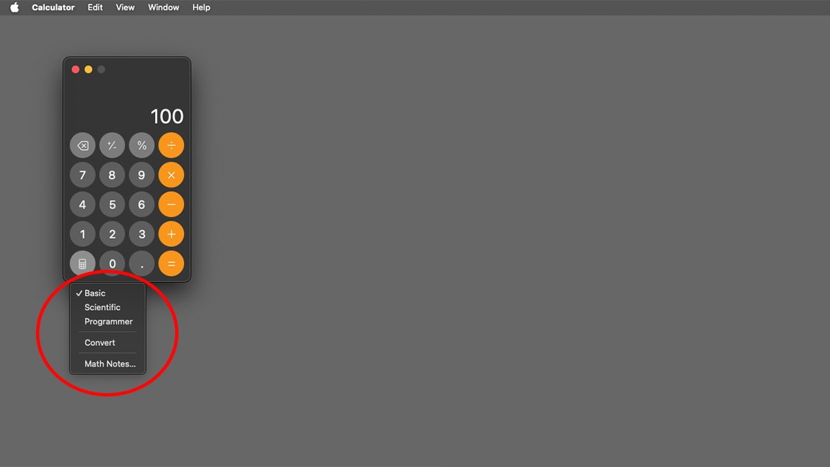 Всплывающее меню режимов в приложении «Калькулятор» macOS Sequoia.