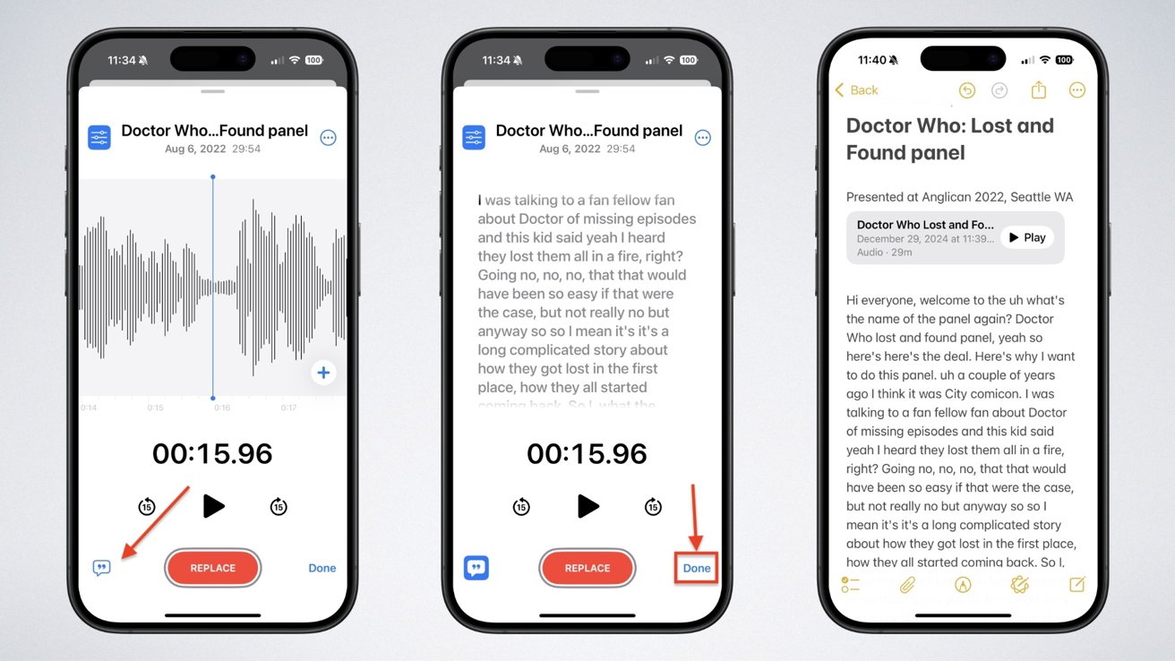 На трех экранах iPhone отображается звуковая панель в стиле «Доктора Кто» с опциями формы волны, транскрипции и воспроизведения.