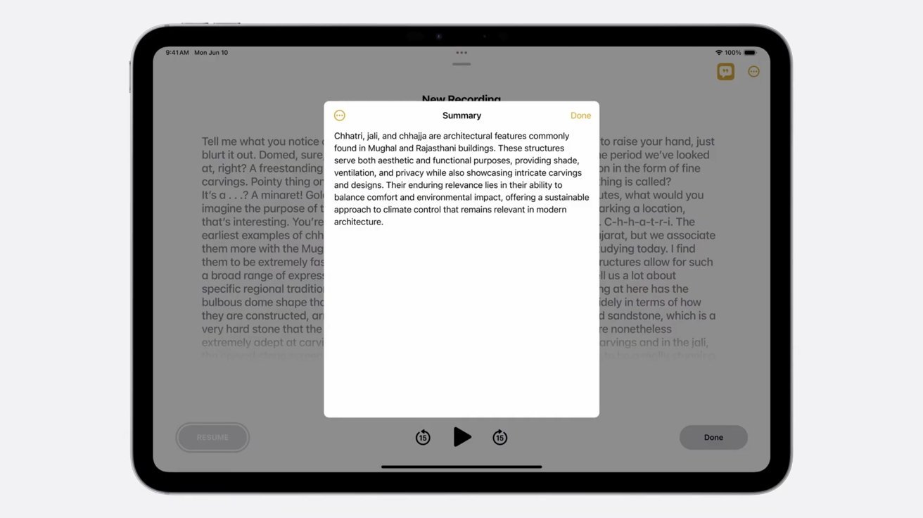 iPad, на котором отображается приложение для заметок с кратким описанием архитектурных особенностей Великих Моголов и Раджастхана на экране.