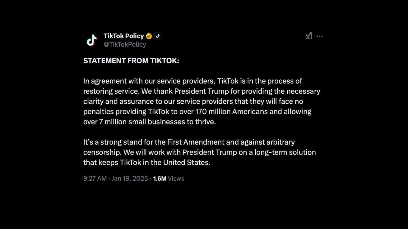 Заявление TikTok с благодарностью президенту Трампу за восстановление сервиса, поддержку американских пользователей и предприятий, поддержку Первой поправки и работу над долгосрочным решением.