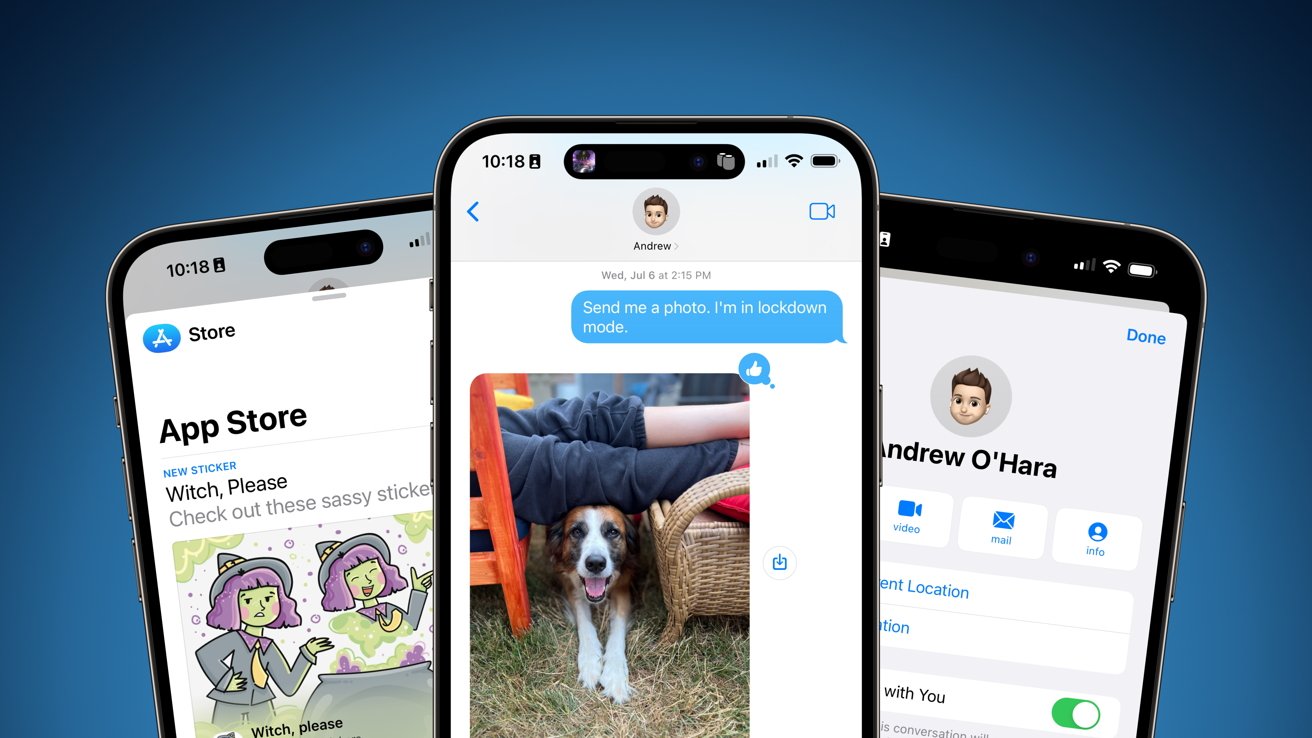 На трех смартфонах отображается страница App Store, текстовое сообщение о фотографии в режиме блокировки с собакой и страница профиля.