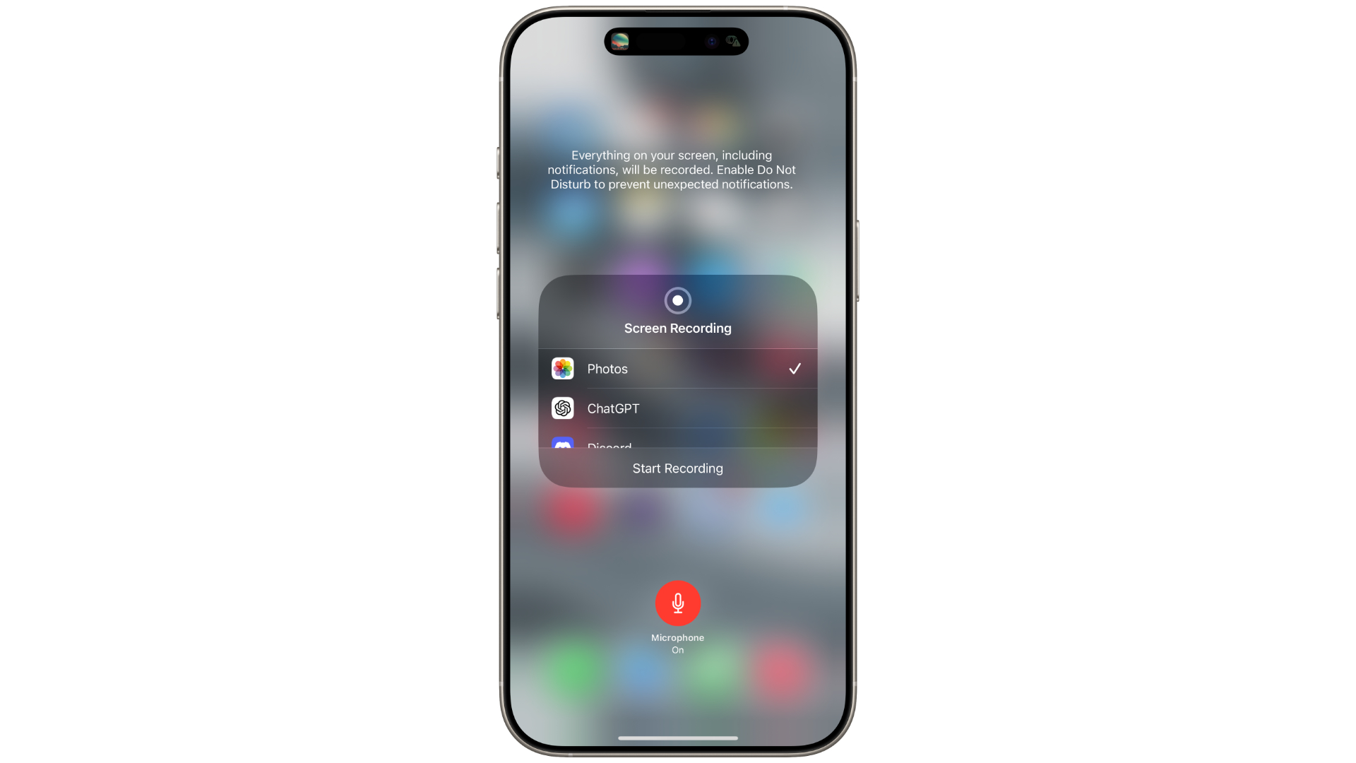 Пользовательский интерфейс записи экрана iOS 18