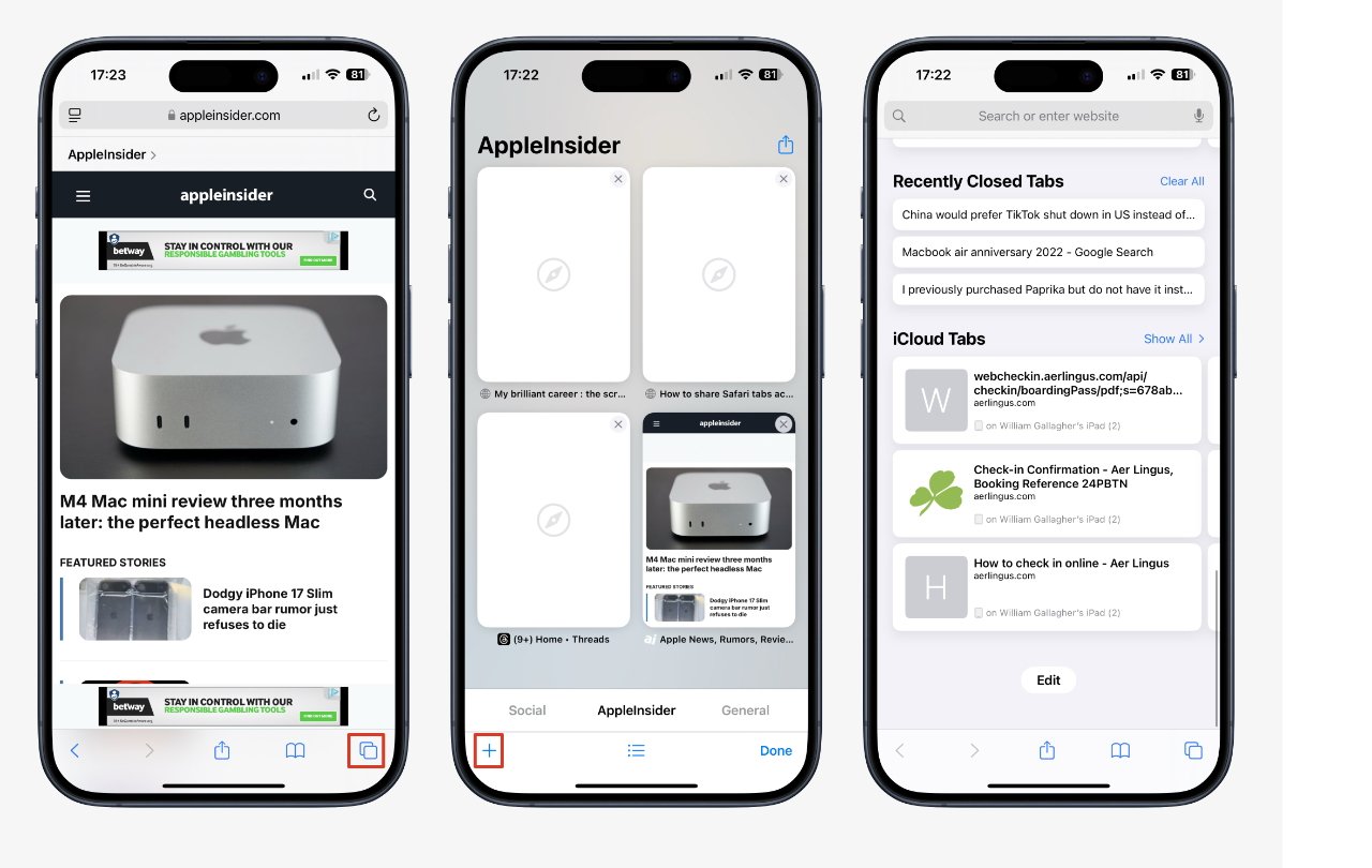 На трех смартфонах отображаются разные экраны браузера Safari со статьей AppleInsider, интерфейсом управления вкладками и списком недавно закрытых вкладок.