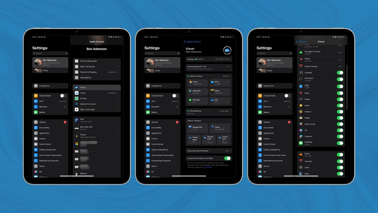 Приложение «Настройки» открывается, переходя к настройкам iCloud.