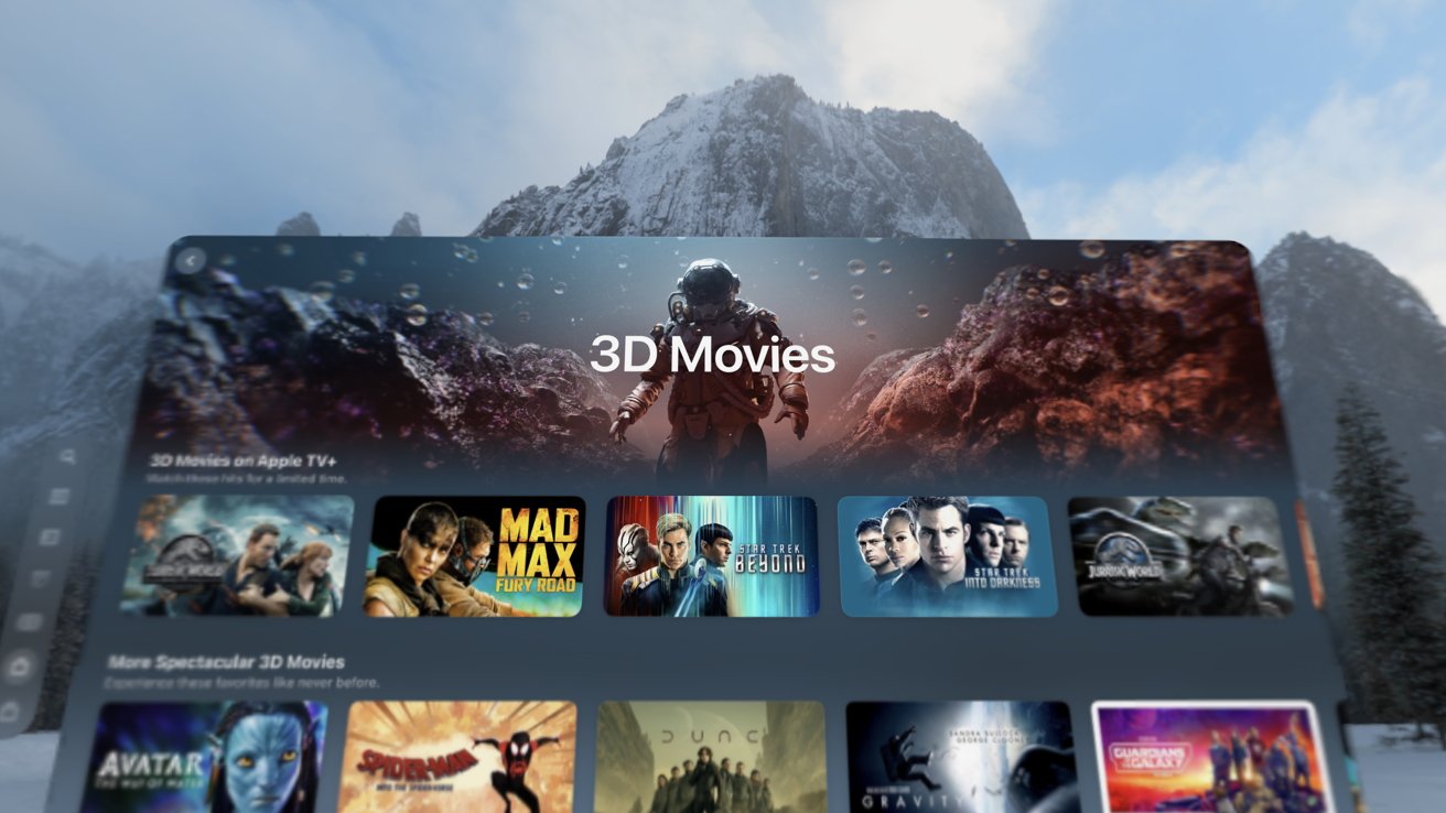Экран -дисплей с миниатюрами фильма под баннером под названием «3D Movies». Снежная горная ландшафт видна на заднем плане.