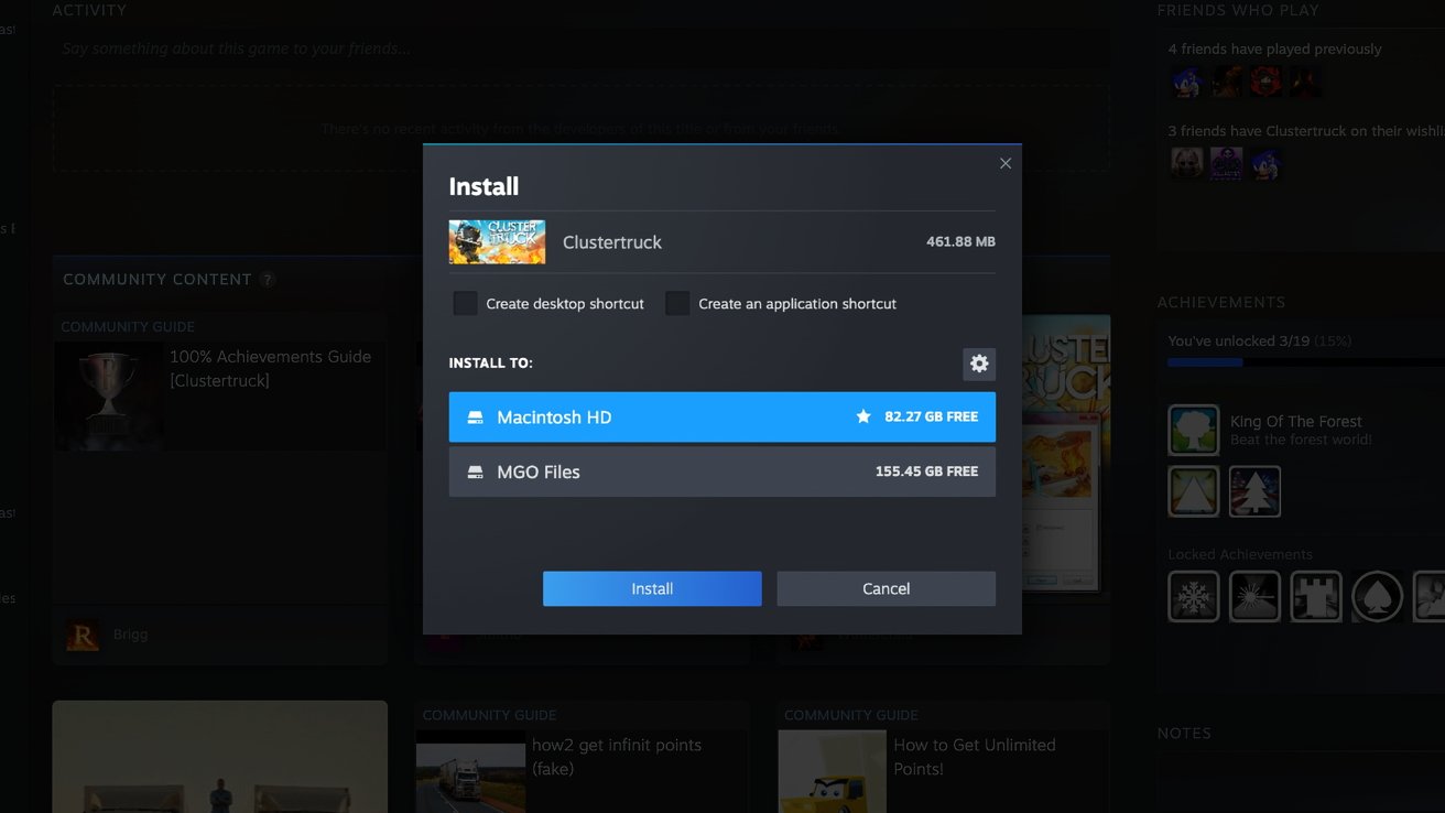 Clustertruck Game Установка, показывающее параметры хранения с доступным пространством, кнопки для создания ярлыков и параметров для установки или отмены.