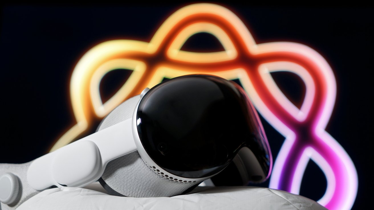 Черный козырек Apple Vision Pro на темном фоне с красочным абстрактным рисунком.