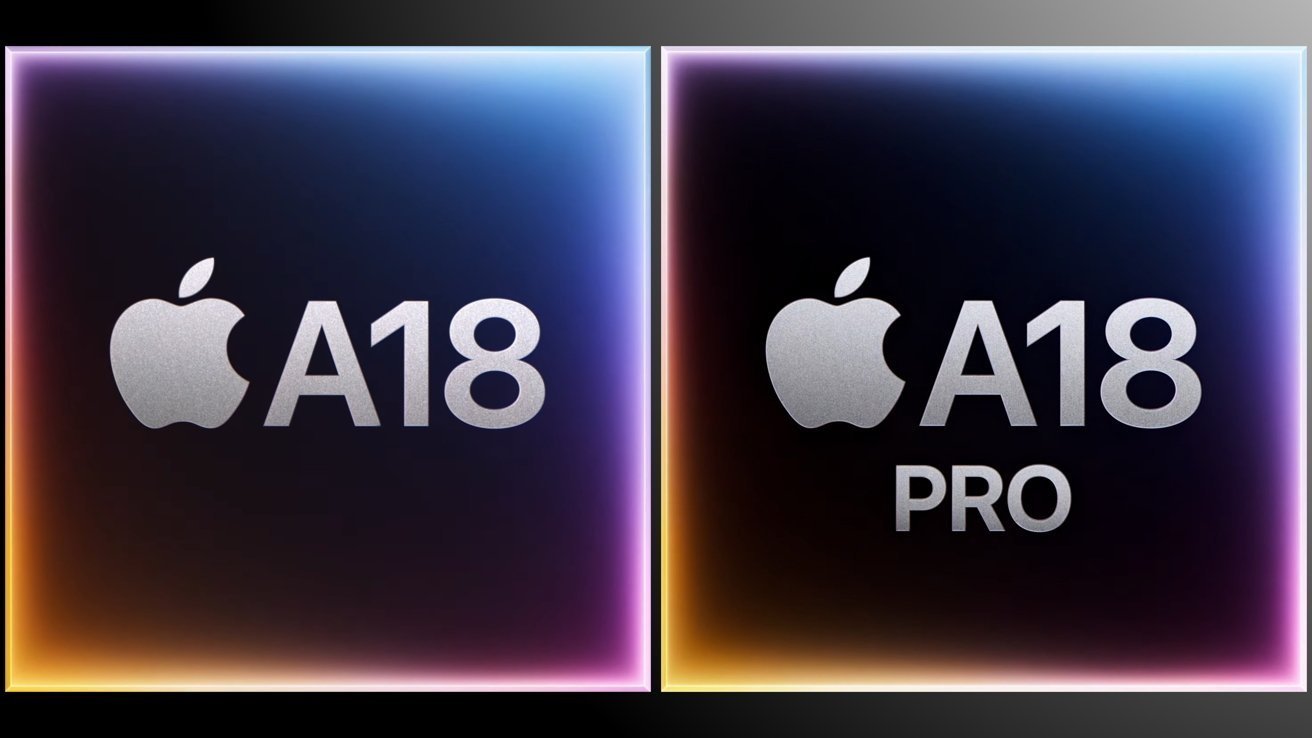 Два логотипа Apple с серебристым текстом; слева написано A18, справа написано A18 Pro на красочном градиентном фоне.