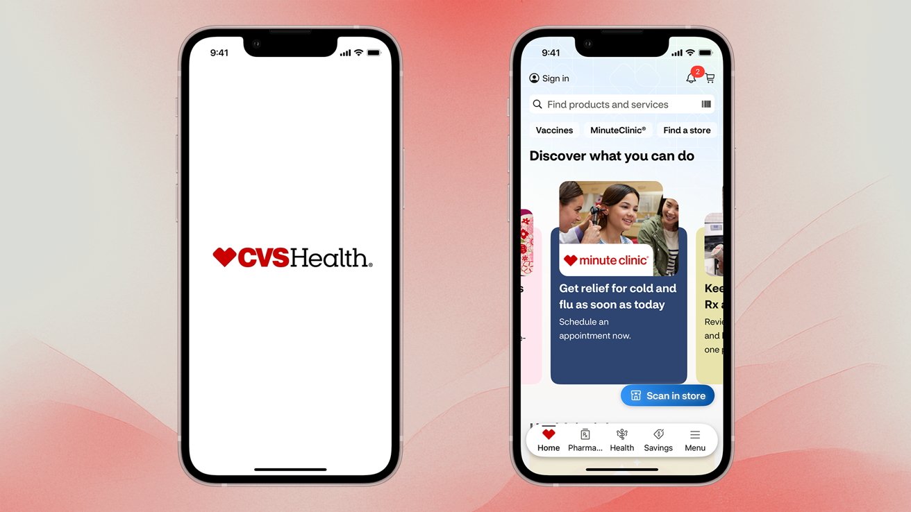 Два смартфона отображают приложение CVS Health. Один из них показывает логотип CVS Health, другой показывает миниатюрные акции с такими услугами, как холод и облегчение гриппа.