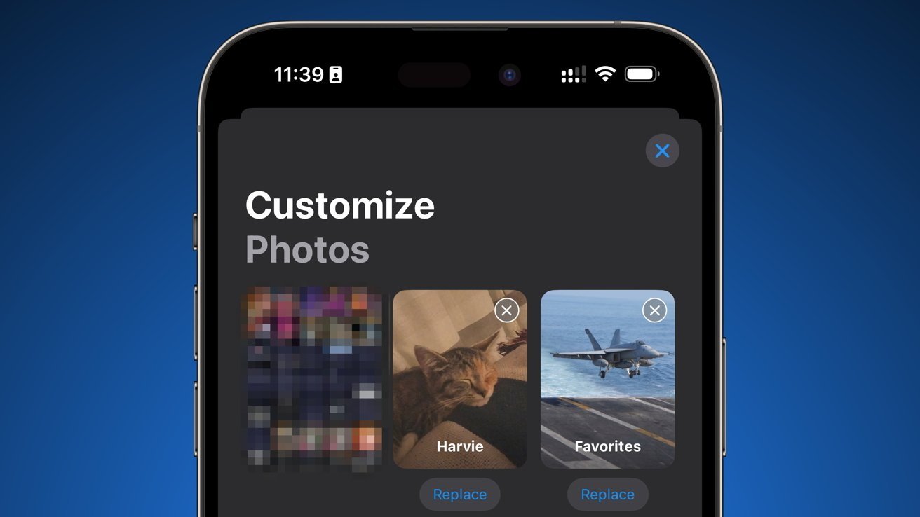 Экран смартфона отображает интерфейс настройки фотографий с тремя изображениями: размытая фотография, спящая кошка и струя на авианосце.