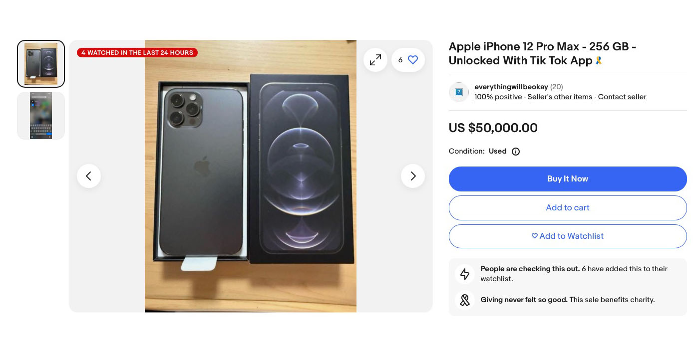 Продавцы eBay просят от 2 до 50 тысяч долларов за iPhone с установленным Tiktok | Screengrab of $ 50k Silecting
