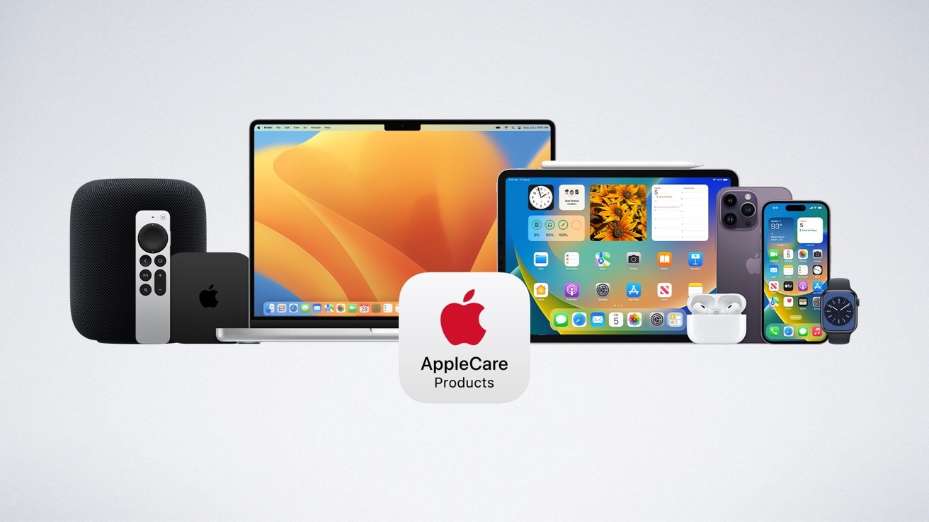 Коллекция продуктов Apple, включая MacBook, iPad, iPhone, Apple Watch, AirPods, HomePod и Apple TV, с логотипом AppleCare на переднем плане.