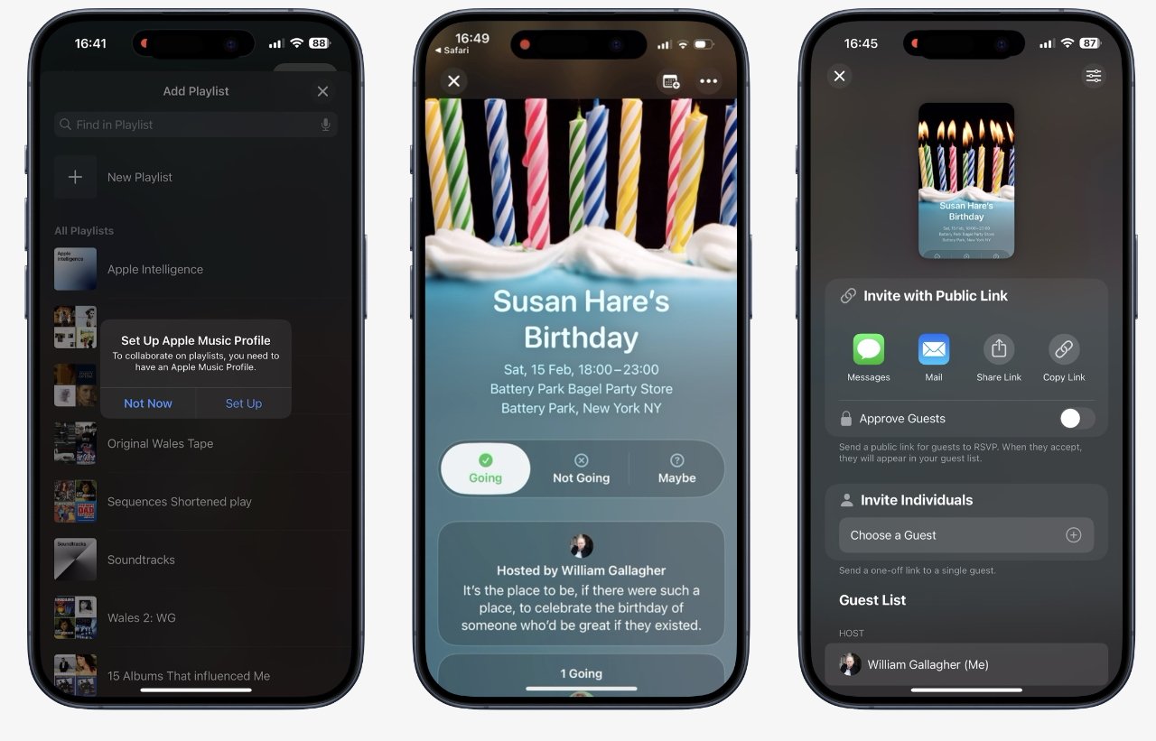 Три экрана iPhone отображают настройку плейлиста Apple Music, приглашение на день рождения с опциями RSVP и функции обмена приглашениями.