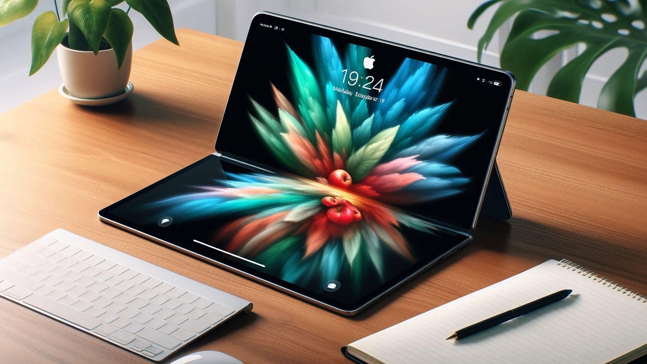 Созданный искусственным интеллектом концепт складного MacBook с ярким разноцветным рисунком перьев на экране сидит на деревянном столе рядом с клавиатурой, блокнотом, ручкой и комнатным растением.