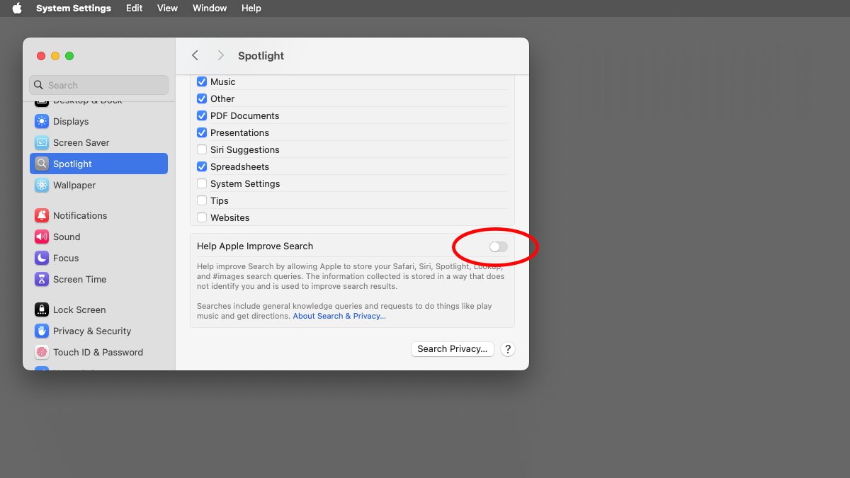 Используйте панель Spotlight в macOS, чтобы отключить отправку данных поиска в Apple.