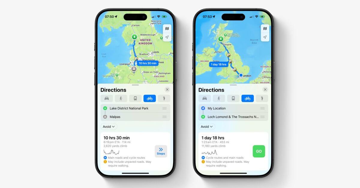 Велосипедные маршруты Apple Maps распространяются на Великобританию и Ирландию