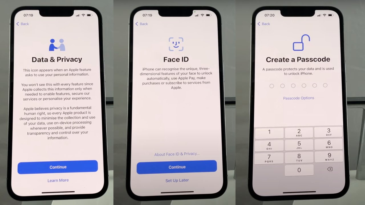Три экрана iPhone, на которых отображаются шаги по настройке: Данные и информация о конфиденциальности, настройка Face ID с пояснениями и экран для создания пароля с помощью цифровой клавиатуры.
