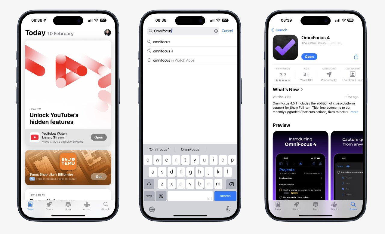 Три смартфона, на которых отображаются различные экраны App Store: предложения приложений, поиск