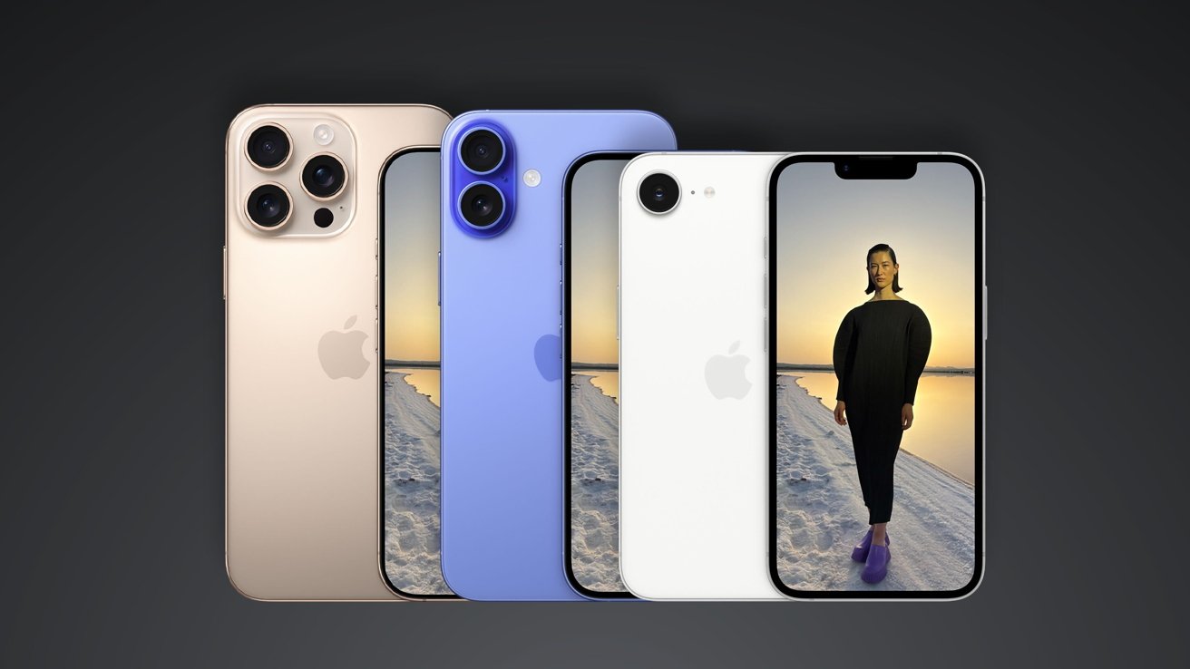 Пять iPhone с видом из камеры; золотая, синяя и белая модели. На центральном экране изображен человек на заснеженной тропинке, на заднем плане - закат.