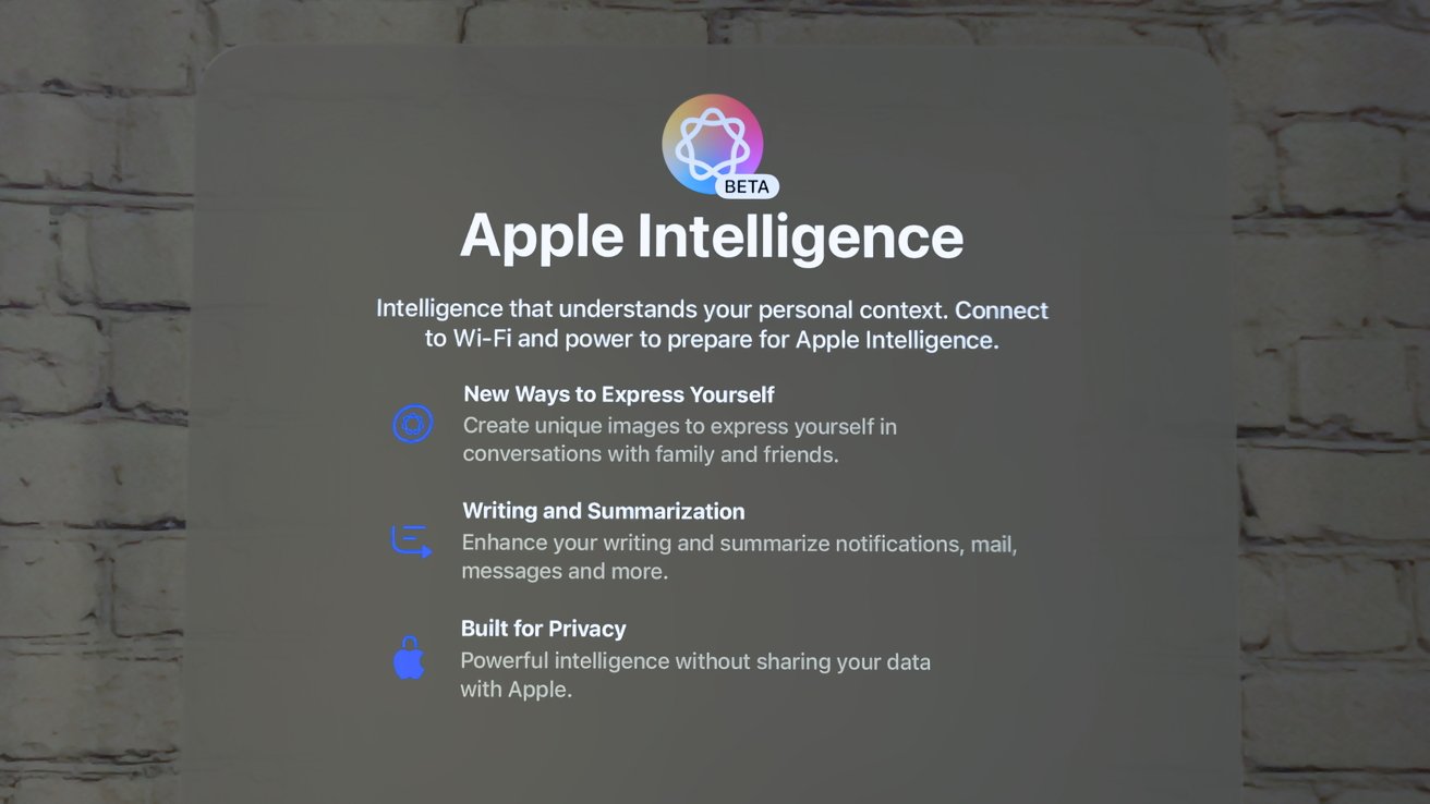 Текст, описывающий функции Apple Intelligence: понимание личного контекста, создание изображений, улучшение качества письма, интеллект, ориентированный на конфиденциальность.