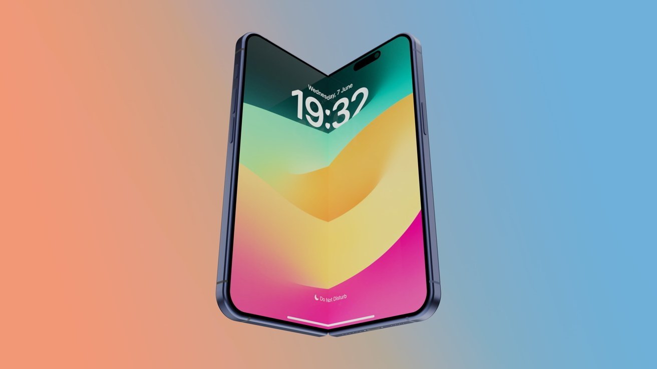 Раскладной смартфон с разноцветным градиентным дисплеем на 19:32. Главное представляет собой смесь оранжевых и синих тонов.