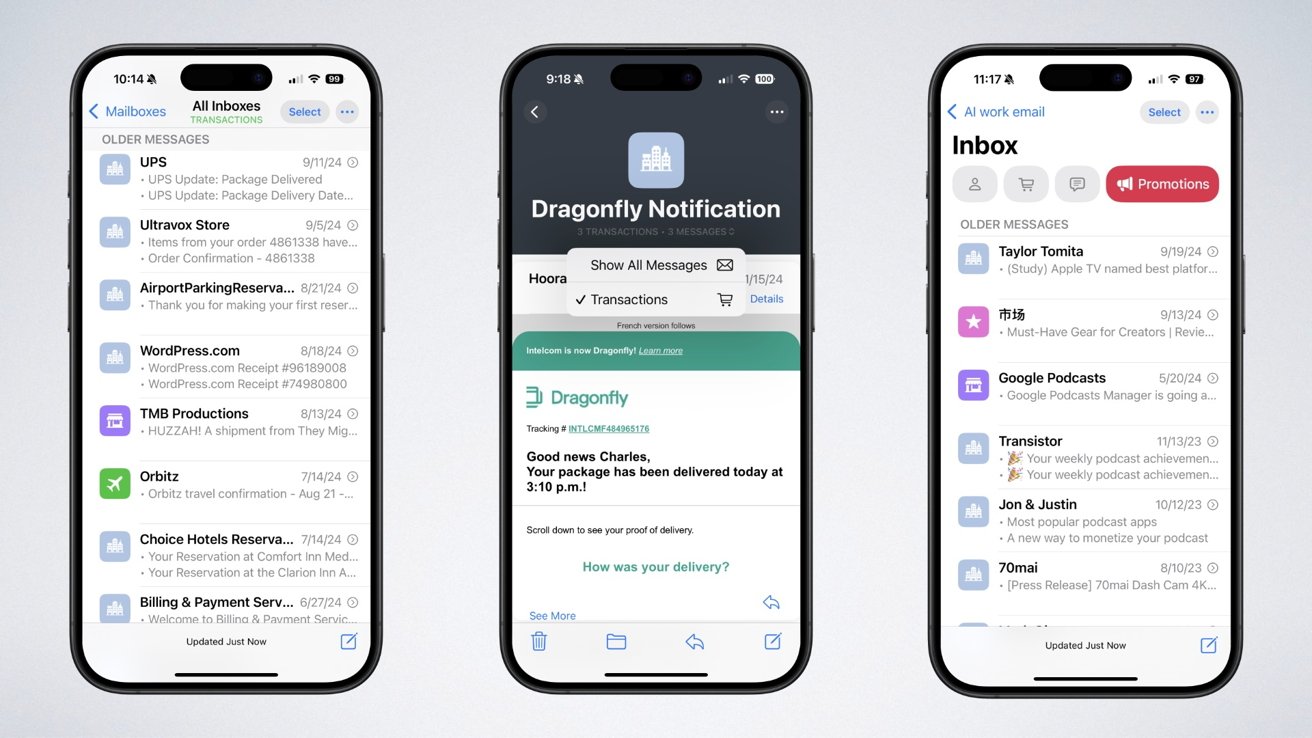 На трех экранах iPhone отображаются различные почтовые ящики и уведомление от Dragonfly о доставке посылки.