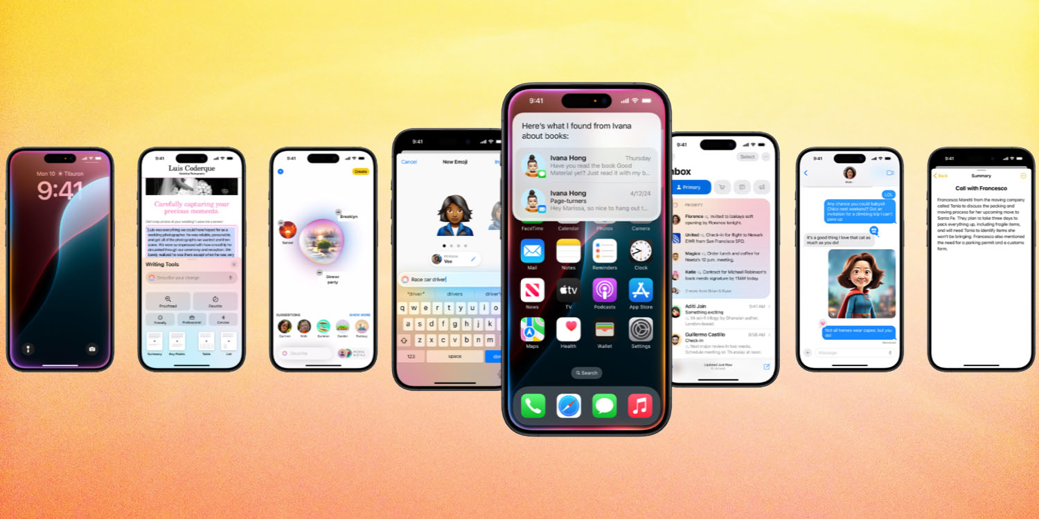 Улучшения Siri, ChatGPT, Apple Intelligence и многое другое | Промо-изображение Apple на цветном фоне
