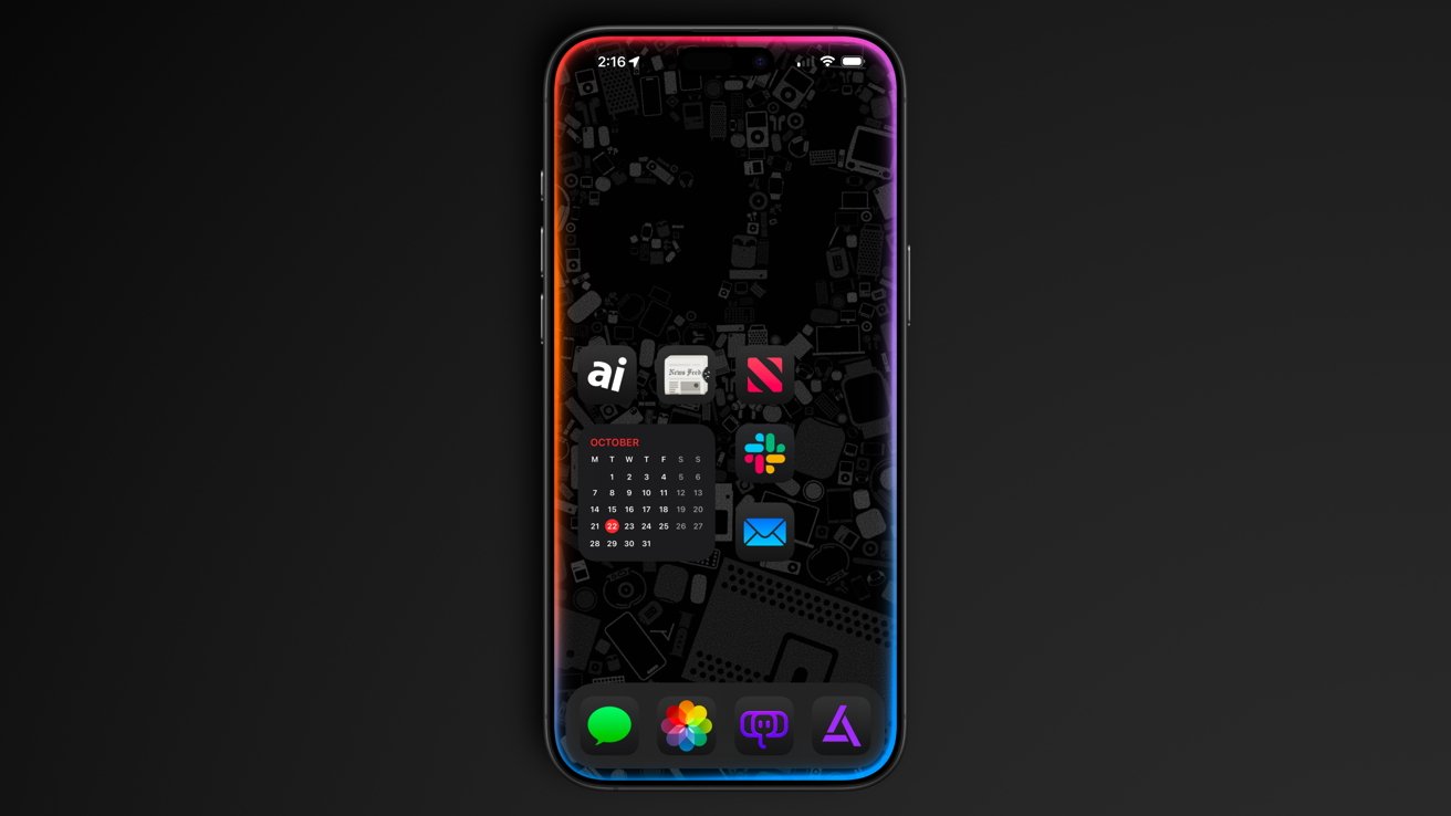 Смартфон, отображающий приложения и календарь на черном фоне с градиентной рамкой.