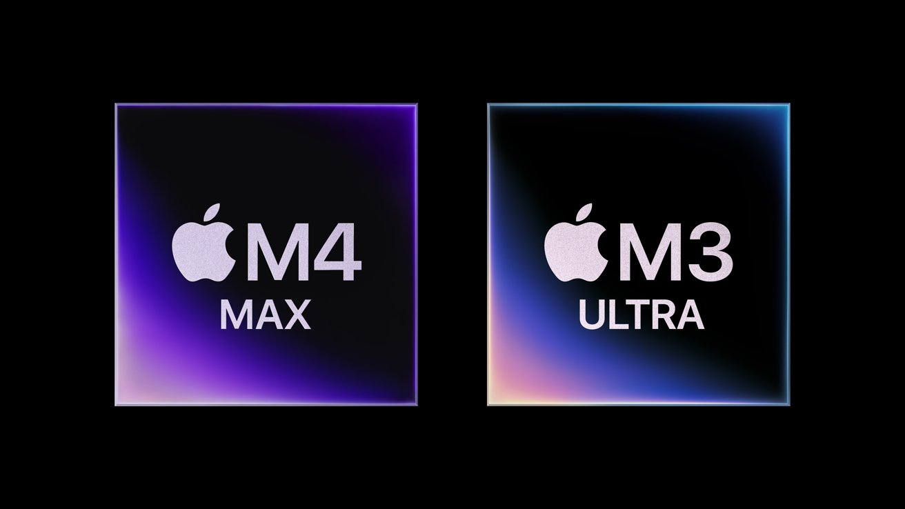 Два логотипа чипов Apple на черном фоне: M4 Max с фиолетовым градиентом и M3 Ultra с синим градиентом.
