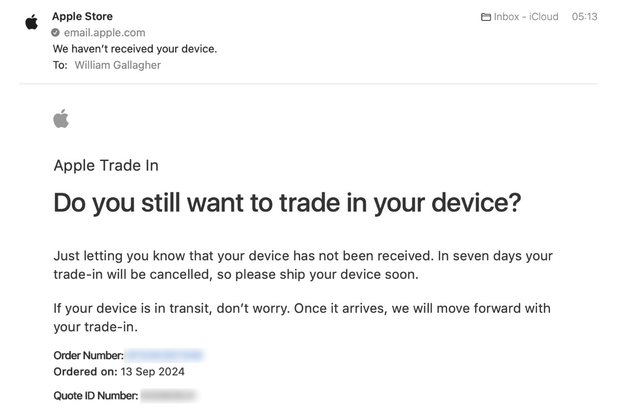 Электронное письмо Apple Store о неполученном устройстве trade-in, призывающее отправить его в течение семи дней, чтобы избежать аннулирования заказа. Указываются идентификаторы заказа и предложения, датированные 13 сентября 2024 года.