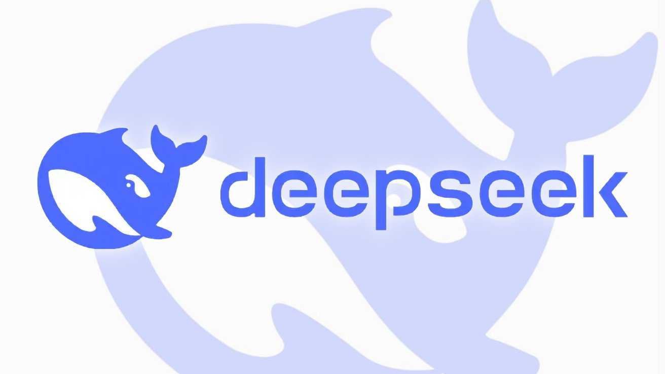 Силуэт синего кита со словом deekseek в нижнем регистре, с игривой иллюстрацией кита, интегрированной в дизайн.