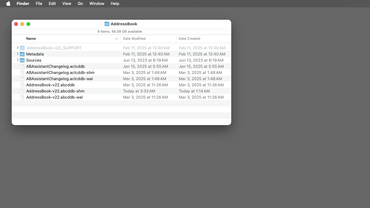 В macOS Contacts данные хранятся в папке AddressBook в папке Application Support.