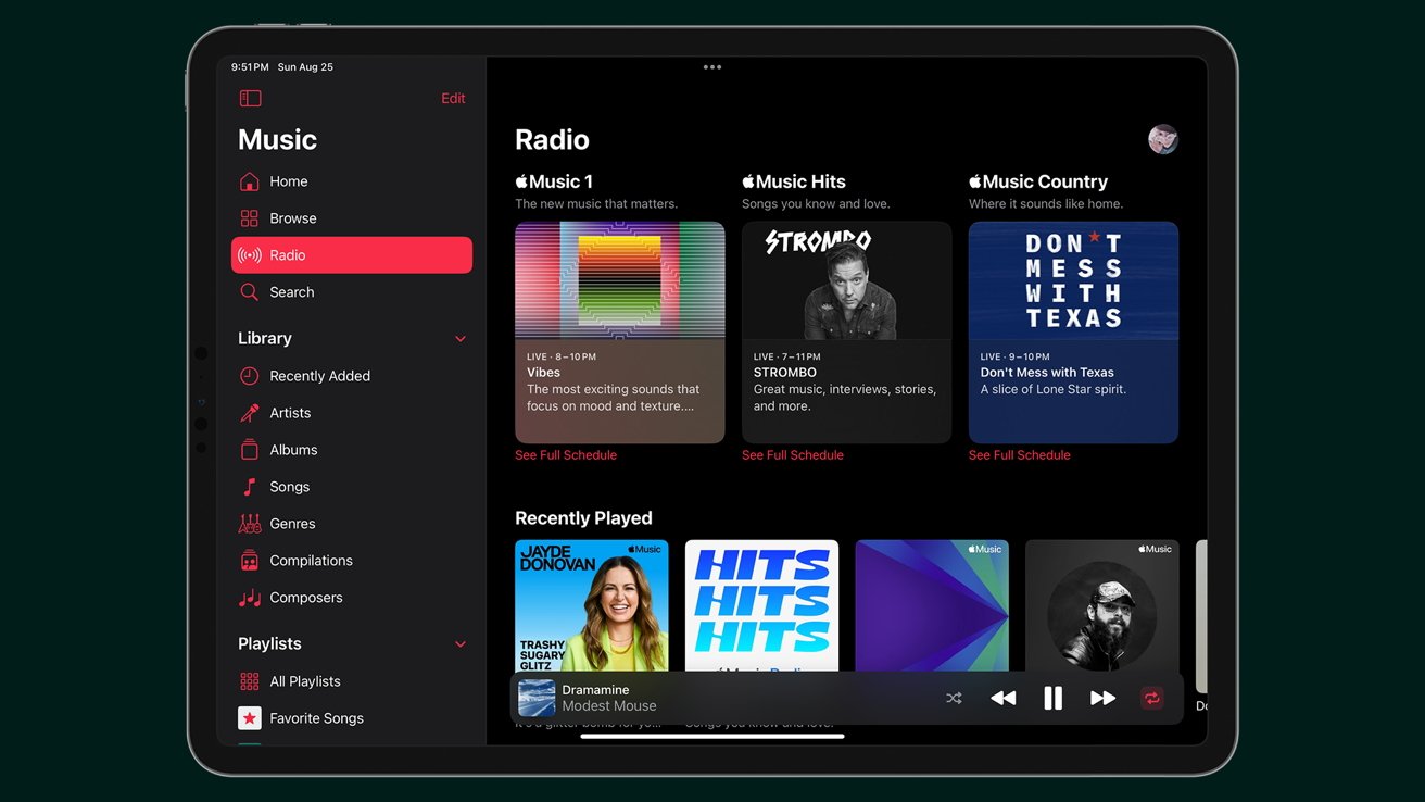 Приложение Apple Music на iPad с разделами 