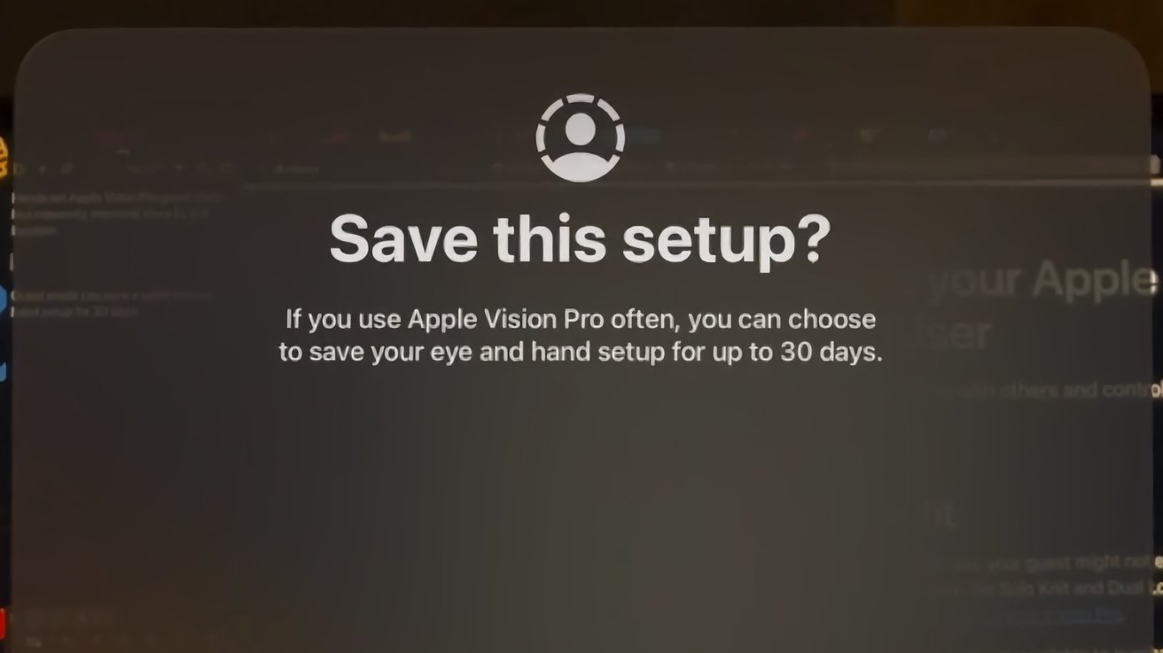 Подсказка с вопросом о сохранении настроек Apple Vision Pro, значок человека над текстом на темном размытом фоне.