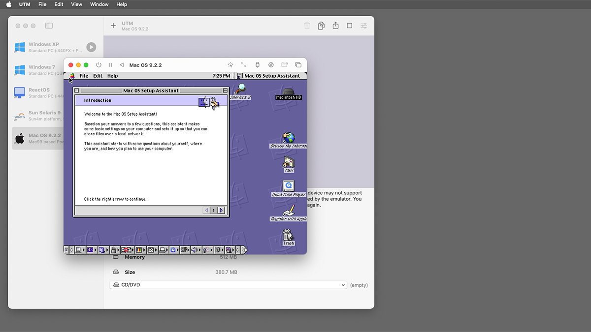 Рабочий стол Mac OS 9, запущенный на Apple Silicon Mac в UTM.