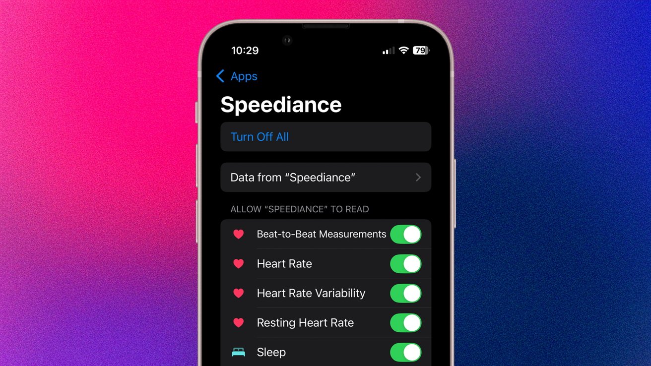 Экран смартфона с приложением Speediance с кнопками для измерения пульса и данных о сне на ярком розово-голубом градиентном фоне.