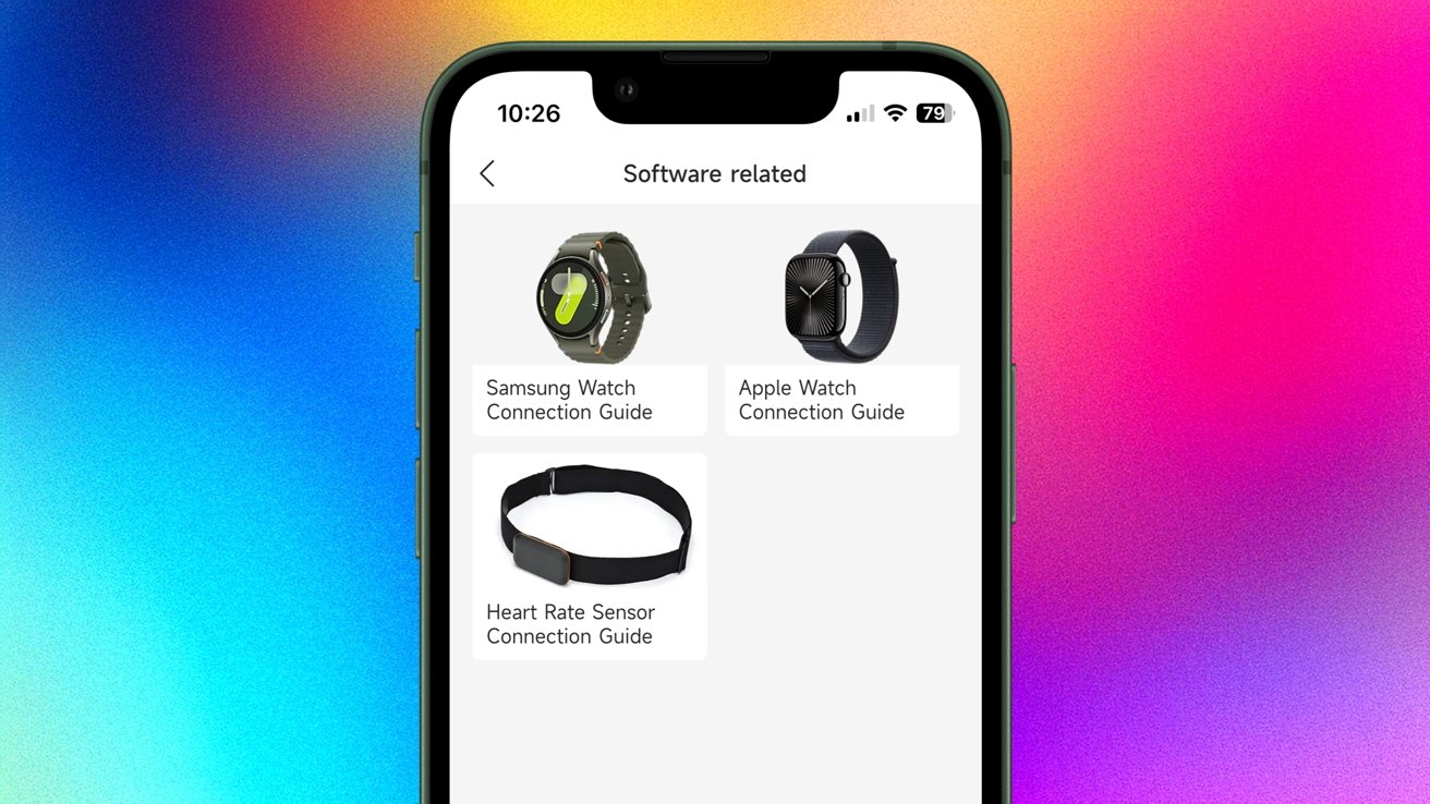 Экран смартфона, на котором на ярком градиентном фоне изображены руководства по подключению Samsung Watch, Apple Watch и датчика сердечного ритма.