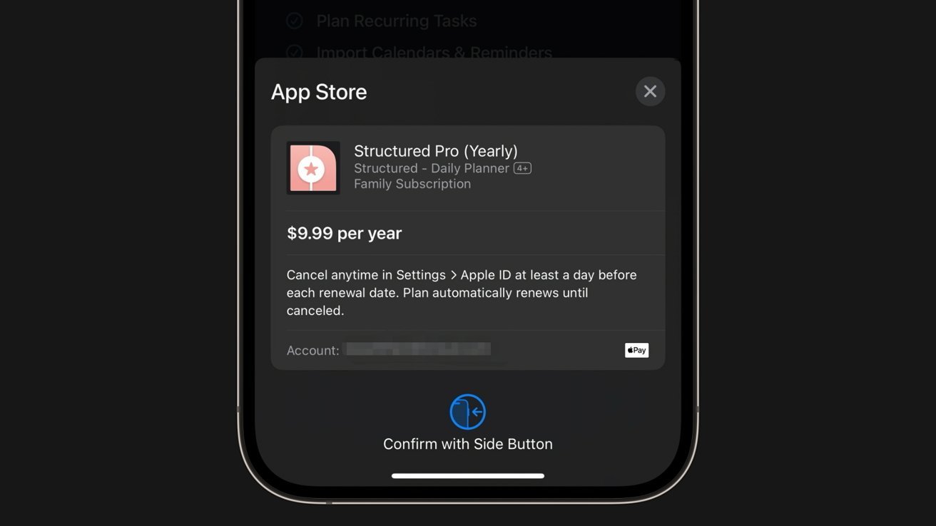 Подтверждение покупки в App Store для Structured Pro, $9,99 в год. Включает сведения о подписке и возможность оплаты Apple Pay, с предложением подтвердить покупку с помощью боковой кнопки.