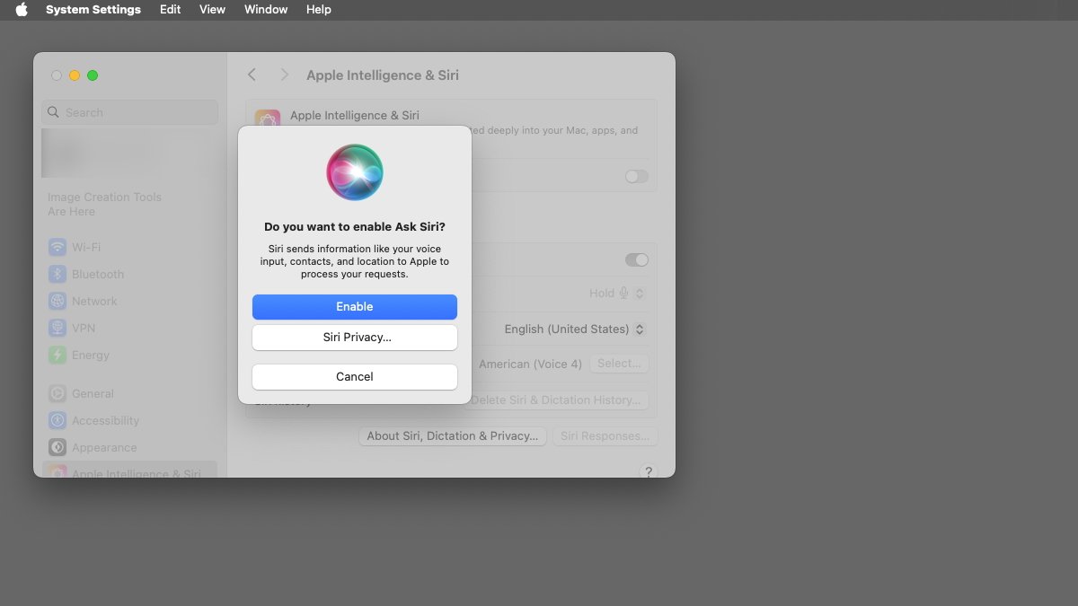 macOS предупреждает, что включение Siri передает Siri данные о ваших контактах и местоположении.