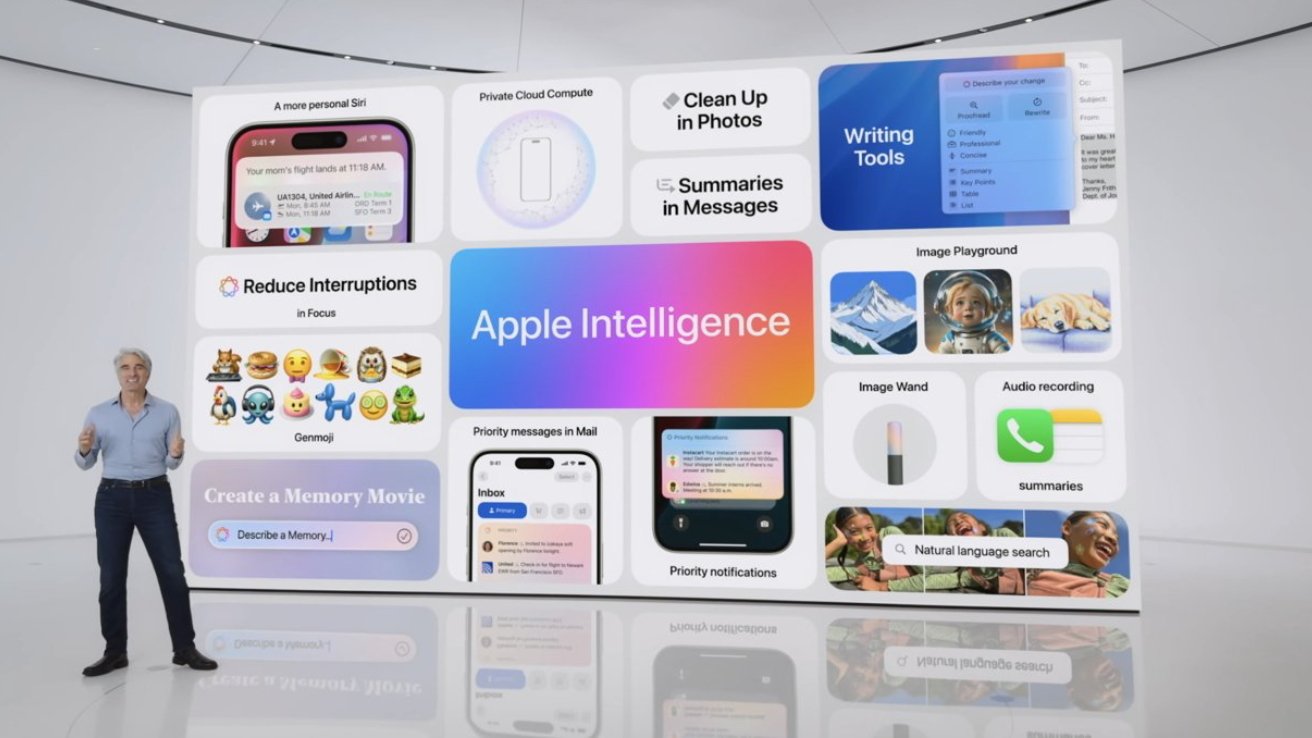 Человек, представляющий на красочном экране программные функции Apple, включая Siri, Cloud Compute, инструменты для письма, Genmoji, создание фильмов на память, очистку фотографий, резюме сообщений, аудиозапись и поиск на естественном языке.