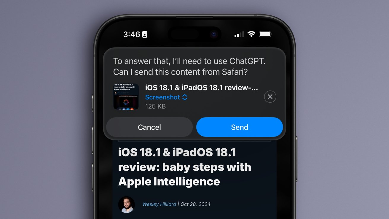Смартфон крупным планом показывает запрос на отправку содержимого из Safari в ChatGPT. Опции отмены или отправки. Статья под названием
