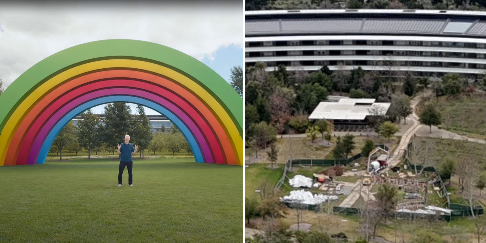Радужная сцена в Apple Park исчезла, но, как сообщается, будет восстановлена | Арки слева, пустой участок справа