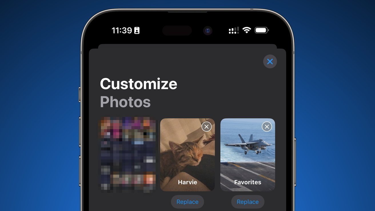 Экран смартфона, на котором отображаются варианты настройки фотографий, в том числе размытая сетка, спящий кот и истребитель на взлетной полосе.