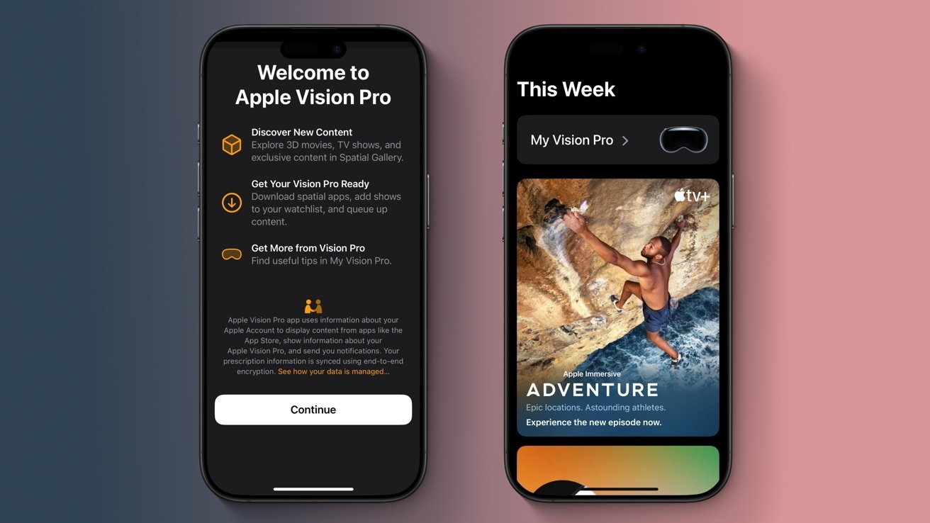Два смартфона отображают контент Apple Vision Pro. Слева: экран приветствия с функциями. Справа: приключенческий эпизод со скалолазом.