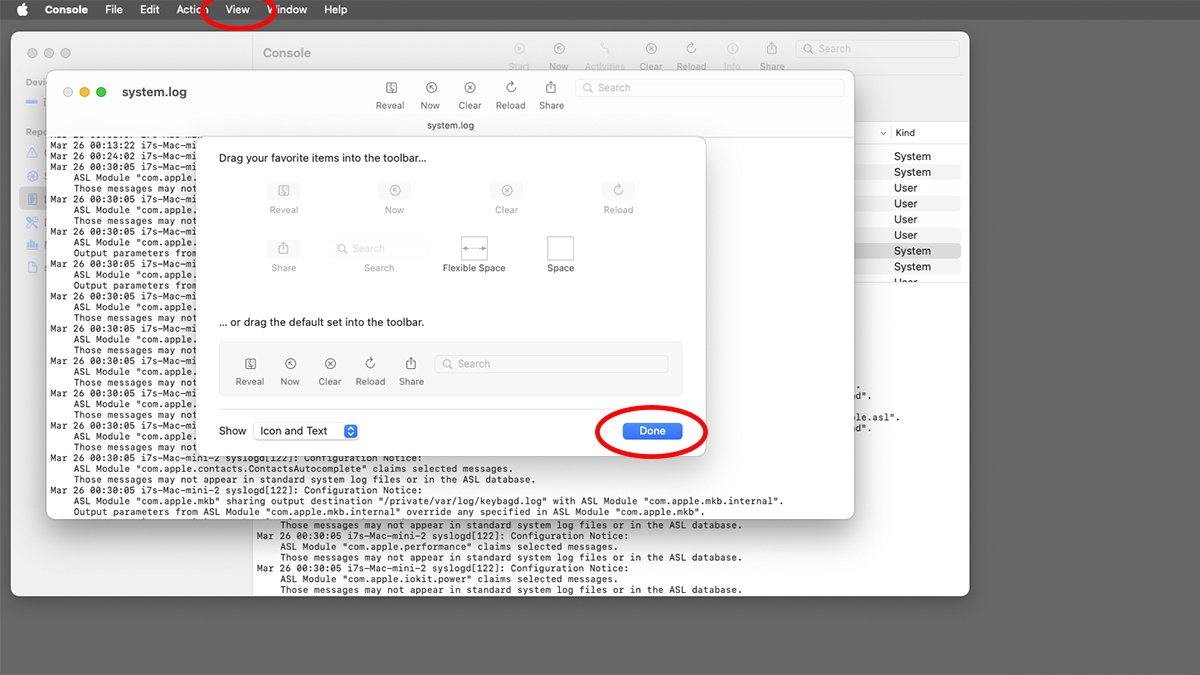Выберите View->Customize Toolbar, чтобы изменить панель инструментов окна журнала.