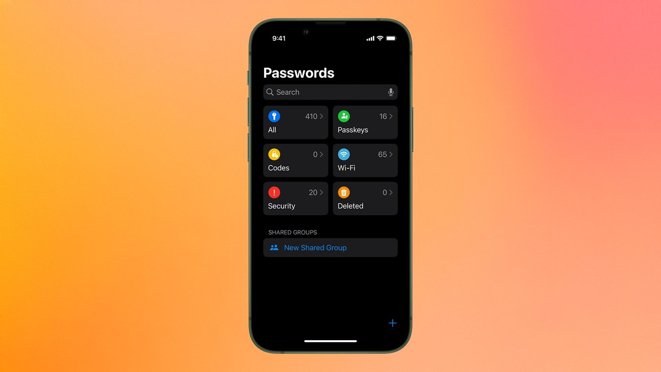 Смартфон, на котором отображается приложение для управления паролями с такими категориями, как